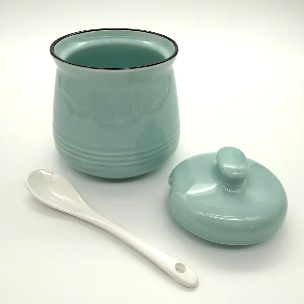 DAYYET Sugar Bowl w/Lid Spoon 10 oz Ceramic Turquoise Aqua Farmhouse Cottagecore